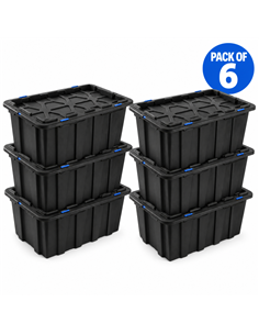 Commercial 100L Plastic Storage Box with Snap Lid Set of 6 PP Black with Blue Clips 750 x 515 x 380mm | Stalwart DA-H0100GGSETOF