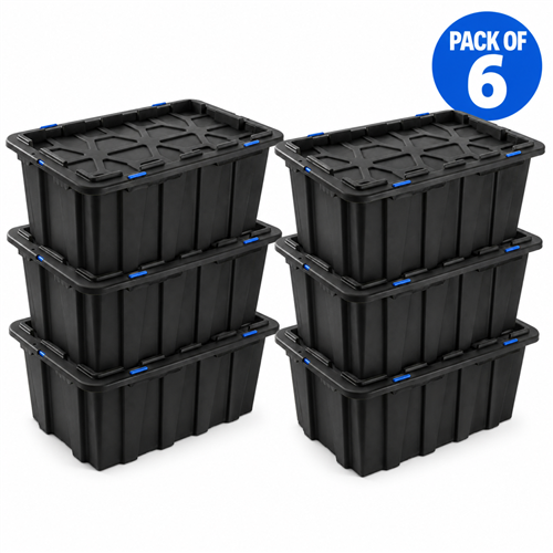 Commercial 100L Plastic Storage Box with Snap Lid Set of 6 PP Black with Blue Clips 750 x 515 x 380mm | Stalwart DA-H0100GGSETOF