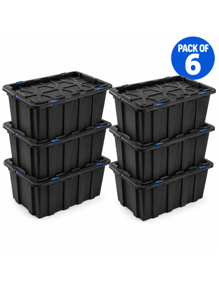 Commercial 100L Plastic Storage Box with Snap Lid Set of 6 PP Black with Blue Clips 750 x 515 x 380mm | Stalwart DA-H0100GGSETOF