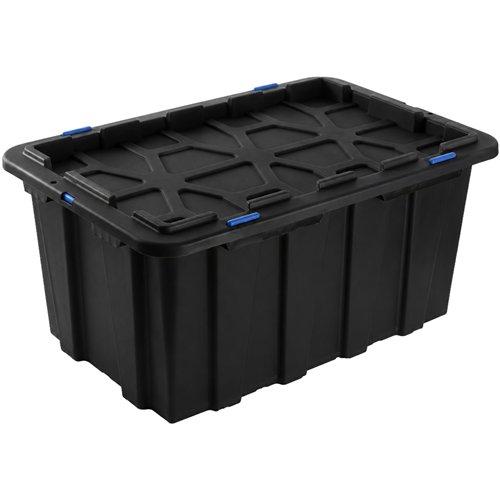 Commercial 100L Plastic Storage Box with Snap Lid Set of 6 PP Black with Blue Clips 750 x 515 x 380mm | Stalwart DA-H0100GGSETOF