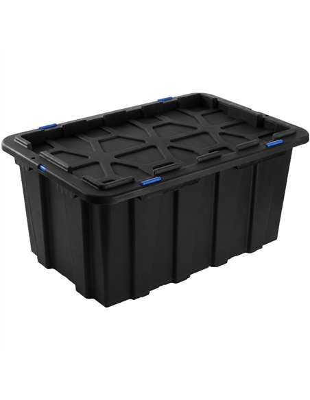 Commercial 100L Plastic Storage Box with Snap Lid Set of 6 PP Black with Blue Clips 750 x 515 x 380mm | Stalwart DA-H0100GGSETOF