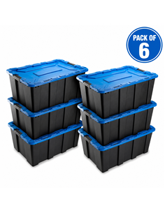 Commercial 100L Heavy Duty Plastic Storage Box with Clip Lid Set of 6 PP Black with Blue Lid 755 x 510 x 370mm | Stalwart DA-H01
