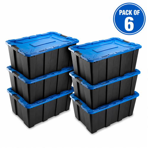 Commercial 100L Heavy Duty Plastic Storage Box with Clip Lid Set of 6 PP Black with Blue Lid 755 x 510 x 370mm | Stalwart DA-H01