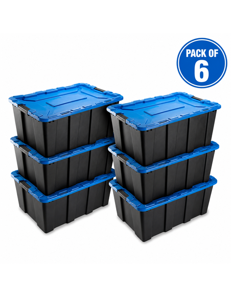 Commercial 100L Heavy Duty Plastic Storage Box with Clip Lid Set of 6 PP Black with Blue Lid 755 x 510 x 370mm | Stalwart DA-H01