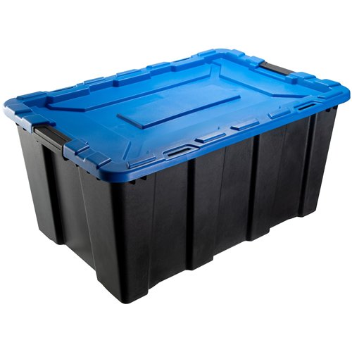 Commercial 100L Heavy Duty Plastic Storage Box with Clip Lid Set of 6 PP Black with Blue Lid 755 x 510 x 370mm | Stalwart DA-H01