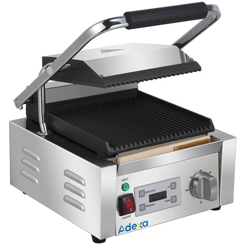 Commercial Single Contact Panini Grill 1800W Ribbed Top &amp Bottom Plates Digital Timer | Stalwart DA-CU600