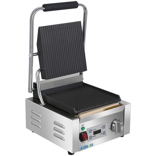 Commercial Single Contact Panini Grill 1800W Ribbed Top &amp Bottom Plates Digital Timer | Stalwart DA-CU600