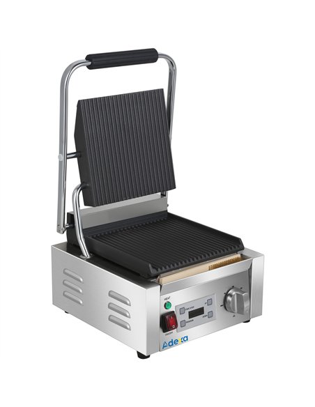 Commercial Single Contact Panini Grill 1800W Ribbed Top &amp Bottom Plates Digital Timer | Stalwart DA-CU600