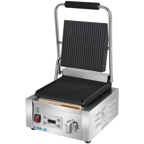 Commercial Single Contact Panini Grill 1800W Ribbed Top &amp Bottom Plates Digital Timer | Stalwart DA-CU600
