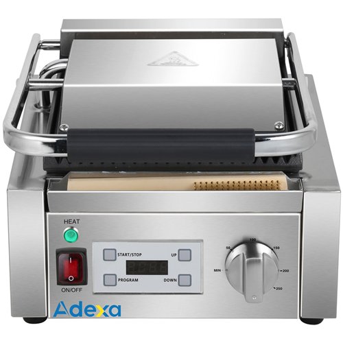 Commercial Single Contact Panini Grill 1800W Ribbed Top &amp Bottom Plates Digital Timer | Stalwart DA-CU600