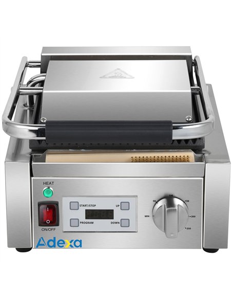 Commercial Single Contact Panini Grill 1800W Ribbed Top &amp Bottom Plates Digital Timer | Stalwart DA-CU600