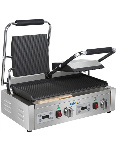 Commercial Double Contact Panini Grill 3600W Ribbed Top &amp Bottom Plates Digital Timer | Stalwart DA-CU613