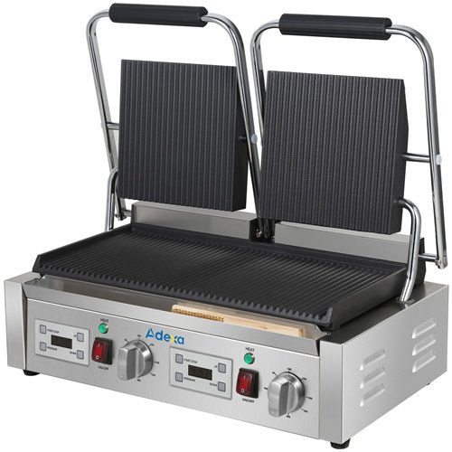 Commercial Double Contact Panini Grill 3600W Ribbed Top &amp Bottom Plates Digital Timer | Stalwart DA-CU613