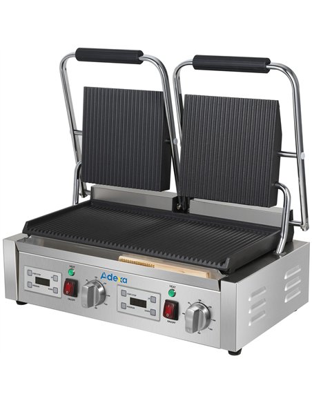 Commercial Double Contact Panini Grill 3600W Ribbed Top &amp Bottom Plates Digital Timer | Stalwart DA-CU613