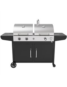 Commercial Gas &amp Charcoal Combo BBQ Grill with Double Hood, Cabinet &amp Side Shelves 1625×685×1230mm | Stalwart DA-E42ZJ10S4