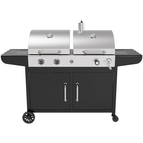Commercial Gas &amp Charcoal Combo BBQ Grill with Double Hood, Cabinet &amp Side Shelves 1625×685×1230mm | Stalwart DA-E42ZJ10S4