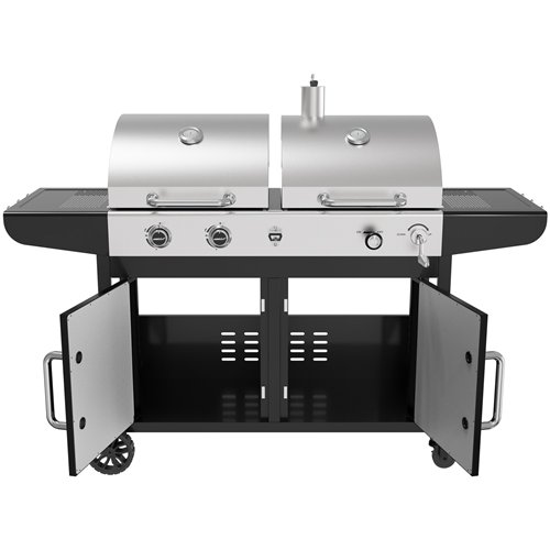 Commercial Gas &amp Charcoal Combo BBQ Grill with Double Hood, Cabinet &amp Side Shelves 1625×685×1230mm | Stalwart DA-E42ZJ10S4