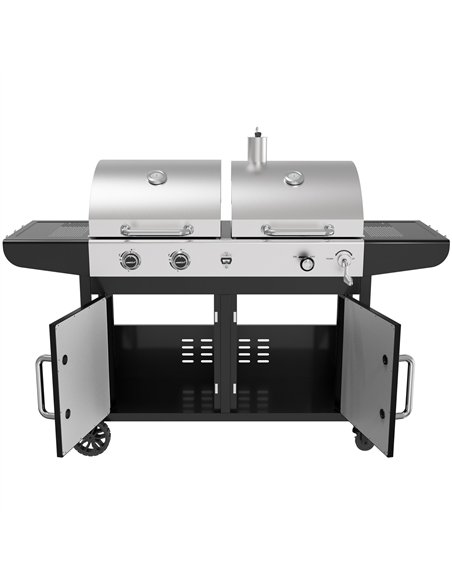 Commercial Gas &amp Charcoal Combo BBQ Grill with Double Hood, Cabinet &amp Side Shelves 1625×685×1230mm | Stalwart DA-E42ZJ10S4