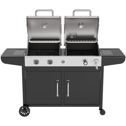 Commercial Gas &amp Charcoal Combo BBQ Grill with Double Hood, Cabinet &amp Side Shelves 1625×685×1230mm | Stalwart DA-E42ZJ10S4