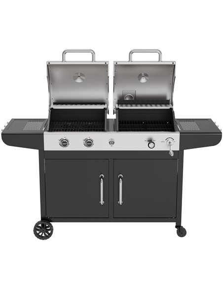 Commercial Gas &amp Charcoal Combo BBQ Grill with Double Hood, Cabinet &amp Side Shelves 1625×685×1230mm | Stalwart DA-E42ZJ10S4