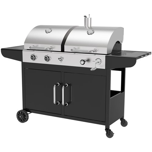 Commercial Gas &amp Charcoal Combo BBQ Grill with Double Hood, Cabinet &amp Side Shelves 1625×685×1230mm | Stalwart DA-E42ZJ10S4