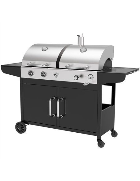 Commercial Gas &amp Charcoal Combo BBQ Grill with Double Hood, Cabinet &amp Side Shelves 1625×685×1230mm | Stalwart DA-E42ZJ10S4