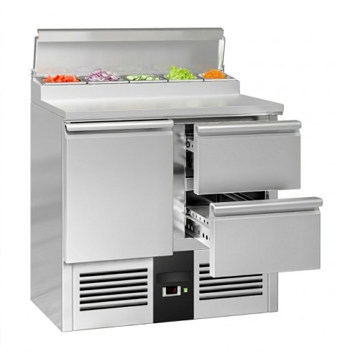 Premium Commercial Saladette Prep Counter 900mm – 1 Door, 2 Drawers – 5 x GN 1/6 Containers 240 Litres