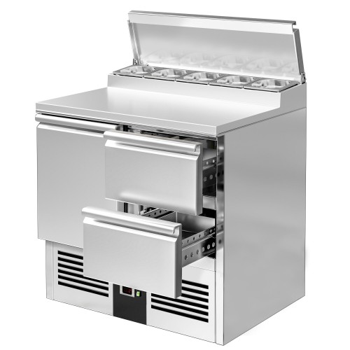 Premium Commercial Saladette Prep Counter 900mm – 1 Door, 2 Drawers – 5 x GN 1/6 Containers 240 Litres
