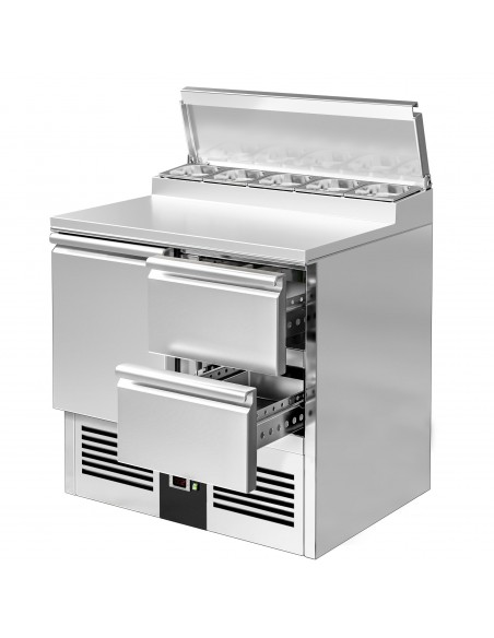Premium Commercial Saladette Prep Counter 900mm – 1 Door, 2 Drawers – 5 x GN 1/6 Containers 240 Litres