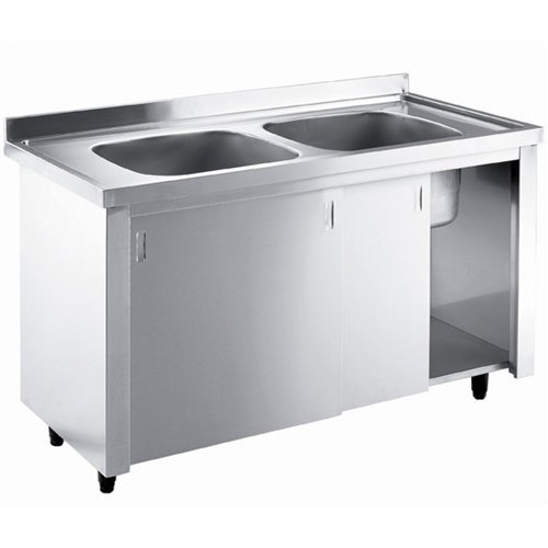 Commercial Sink with Cupboard Stainless steel 2 bowls Splashback Width 1400mm Depth 700mm | Stalwart DA-THSSR147BM2
