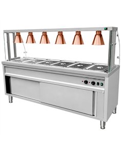 Commercial Heated Bain Marie Food Serving Counter for 6 x GN1/1 with Heated Cabinet, Curved Glass and 6 Heat Lamps 2130 x 700 x 