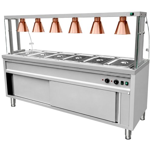 Commercial Heated Bain Marie Food Serving Counter for 6 x GN1/1 with Heated Cabinet, Curved Glass and 6 Heat Lamps 2130 x 700 x 