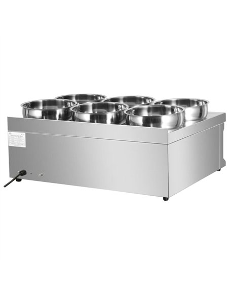 Commercial Countertop Wet Heat Bain Marie with 6 x 7L Round Pots and Lids 2000W 740 x 600 x 330mm | Stalwart DA-BM6TT