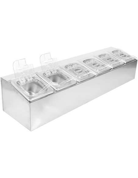 Commercial Condiment Holder including 6xGN1/6-100mm pans &amp fliptop lids | Stalwart DA- CHD06APCFL