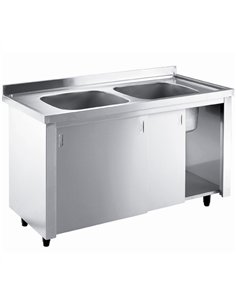 Commercial Sink with Cupboard Stainless steel 2 bowls Splashback Width 1400mm Depth 600mm | Stalwart DA- 