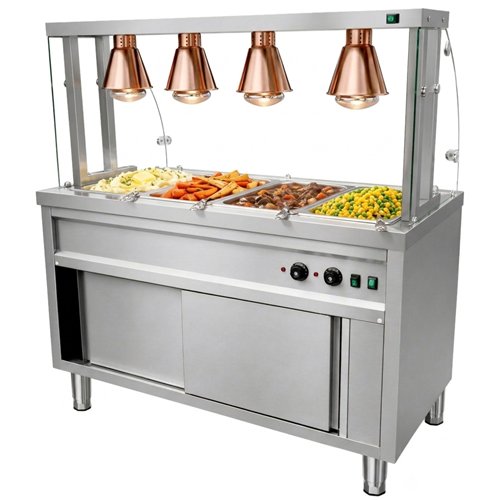 Commercial Heated Bain Marie Food Serving Counter for 4 x GN1/1 with Heated Cabinet, Curved Glass and 4 Heat Lamps 1470 x 700 x 