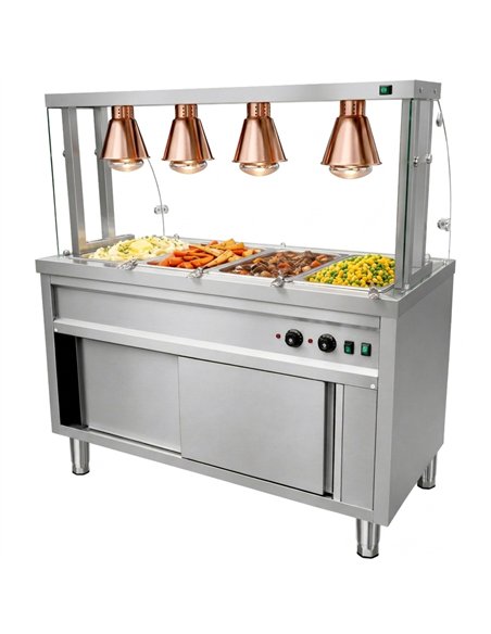 Commercial Heated Bain Marie Food Serving Counter for 4 x GN1/1 with Heated Cabinet, Curved Glass and 4 Heat Lamps 1470 x 700 x 