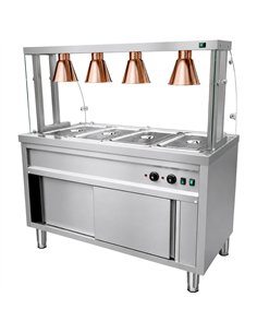 Commercial Heated Bain Marie Food Serving Counter for 4 x GN1/1 with Heated Cabinet, Curved Glass and 4 Heat Lamps 1470 x 700 x  2