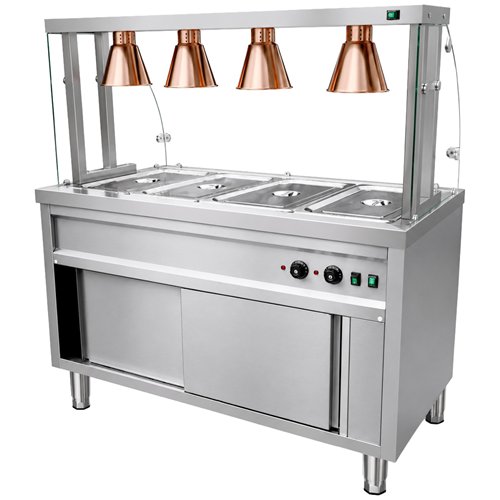 Commercial Heated Bain Marie Food Serving Counter for 4 x GN1/1 with Heated Cabinet, Curved Glass and 4 Heat Lamps 1470 x 700 x 