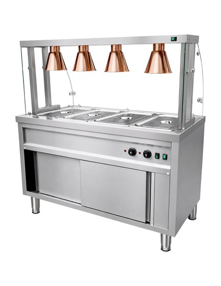 Commercial Heated Bain Marie Food Serving Counter for 4 x GN1/1 with Heated Cabinet, Curved Glass and 4 Heat Lamps 1470 x 700 x 