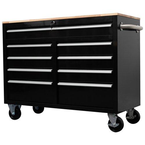 Professional 46 Inch Black Steel Rolling Tool Chest with 9 Drawers and Rubberwood Top 1170 x 462 x 913mm | Stalwart DA- 461909DB