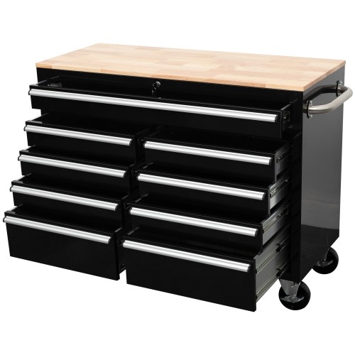 Professional 46 Inch Black Steel Rolling Tool Chest with 9 Drawers and Rubberwood Top 1170 x 462 x 913mm | Stalwart DA- 461909DB