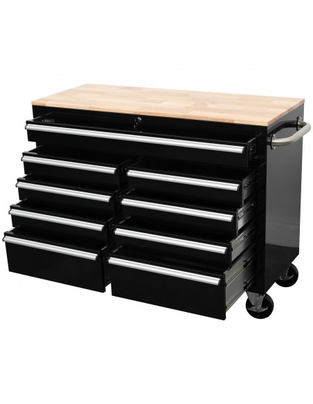 Professional 46 Inch Black Steel Rolling Tool Chest with 9 Drawers and Rubberwood Top 1170 x 462 x 913mm | Stalwart DA- 461909DB