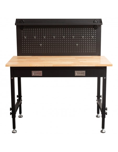 Professional Adjustable Workbench with Rubberwood Top, Drawer and Pegboard 1220 x 610 x 1470mm | Stalwart DA- WBT4824PB1D