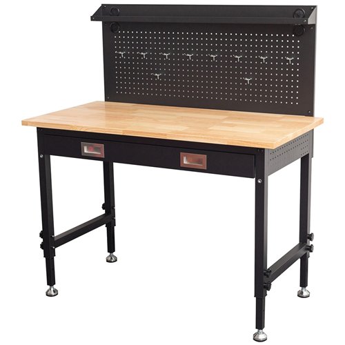 Professional Adjustable Workbench with Rubberwood Top, Drawer and Pegboard 1220 x 610 x 1470mm | Stalwart DA- WBT4824PB1D