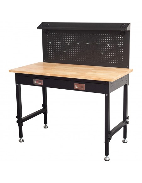 Professional Adjustable Workbench with Rubberwood Top, Drawer and Pegboard 1220 x 610 x 1470mm | Stalwart DA- WBT4824PB1D