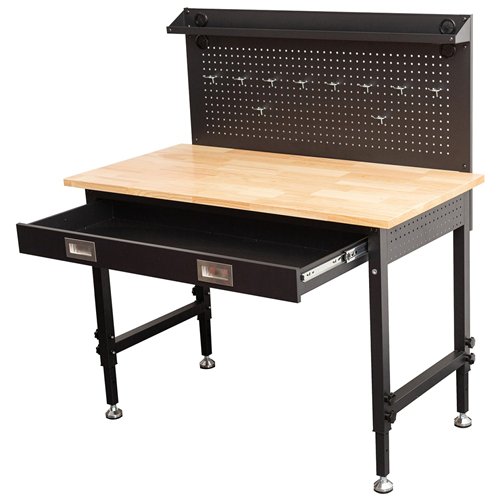 Professional Adjustable Workbench with Rubberwood Top, Drawer and Pegboard 1220 x 610 x 1470mm | Stalwart DA- WBT4824PB1D