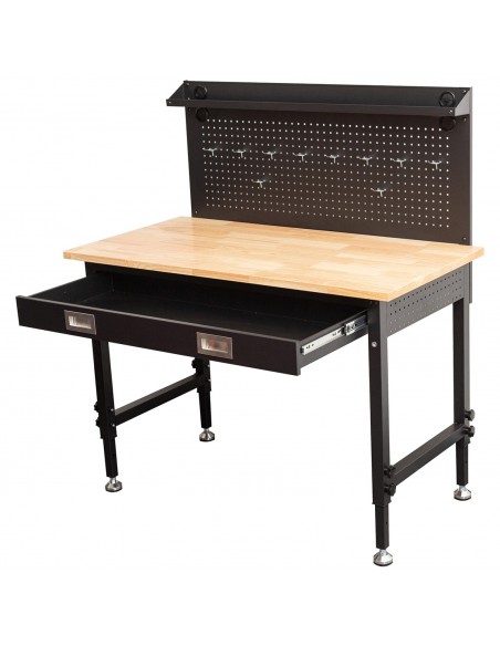 Professional Adjustable Workbench with Rubberwood Top, Drawer and Pegboard 1220 x 610 x 1470mm | Stalwart DA- WBT4824PB1D