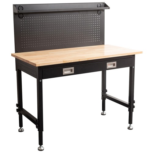 Professional Adjustable Workbench with Rubberwood Top, Drawer and Pegboard 1220 x 610 x 1470mm | Stalwart DA- WBT4824PB1D