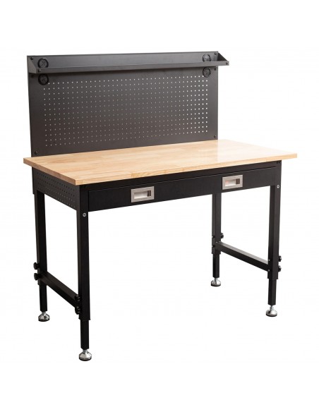 Professional Adjustable Workbench with Rubberwood Top, Drawer and Pegboard 1220 x 610 x 1470mm | Stalwart DA- WBT4824PB1D